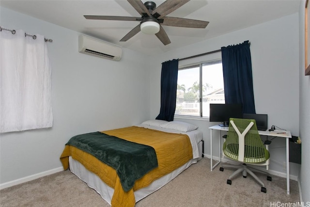 carpeted bedroom with ceiling fan and a wall mounted air conditioner