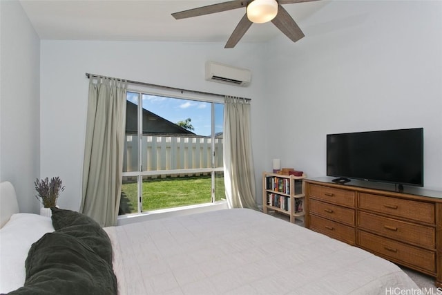 bedroom with vaulted ceiling, a wall mounted air conditioner, and ceiling fan