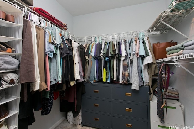 walk in closet featuring carpet flooring