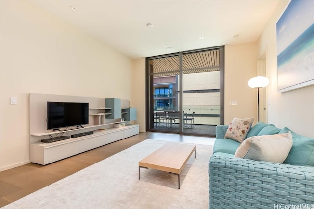 living room featuring a wall of windows