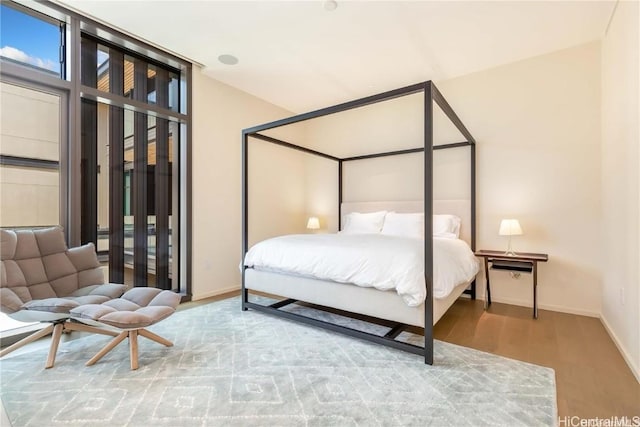 bedroom with floor to ceiling windows and light hardwood / wood-style flooring