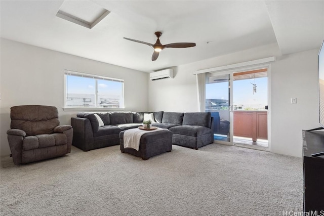 carpeted living room featuring a wall mounted air conditioner, a wealth of natural light, and ceiling fan