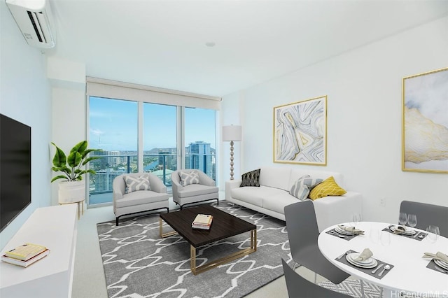 living room with carpet, a wall mounted AC, and a wall of windows