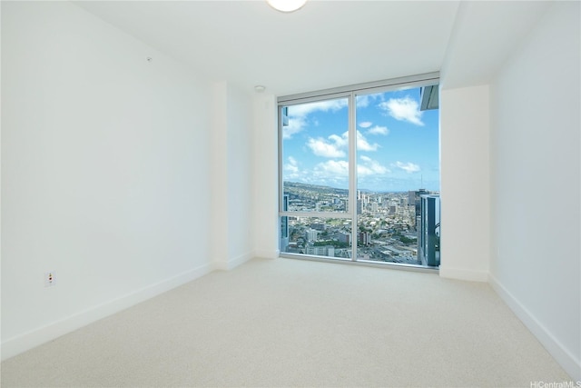 carpeted spare room featuring a wall of windows and baseboards
