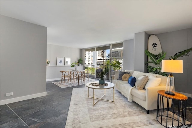 living room with baseboards and expansive windows