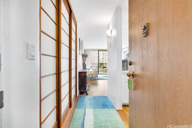 corridor featuring expansive windows and light hardwood / wood-style flooring