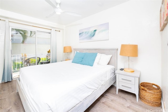 bedroom featuring ceiling fan, access to outside, and light wood-type flooring