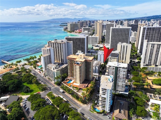 bird's eye view with a water view