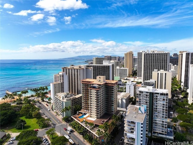 drone / aerial view featuring a water view