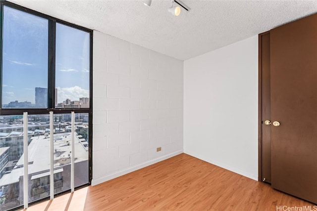 spare room featuring a city view, a textured ceiling, wood finished floors, floor to ceiling windows, and baseboards