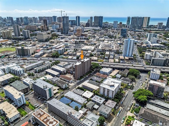 drone / aerial view with a water view and a city view