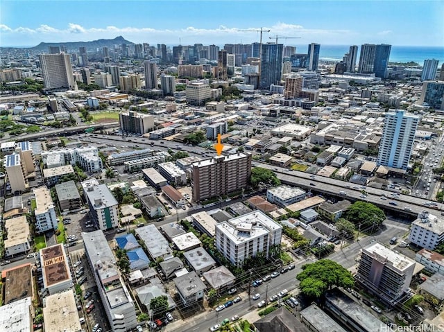 bird's eye view featuring a view of city and a water view