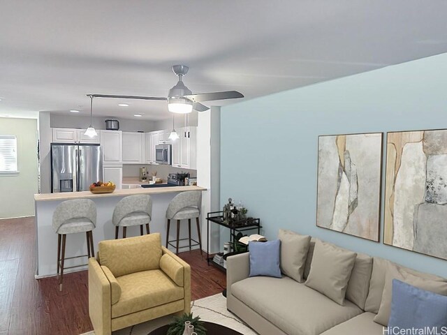 living room with dark hardwood / wood-style floors and ceiling fan