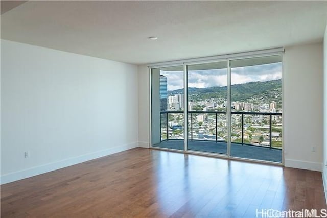 spare room featuring expansive windows, wood-type flooring, and plenty of natural light