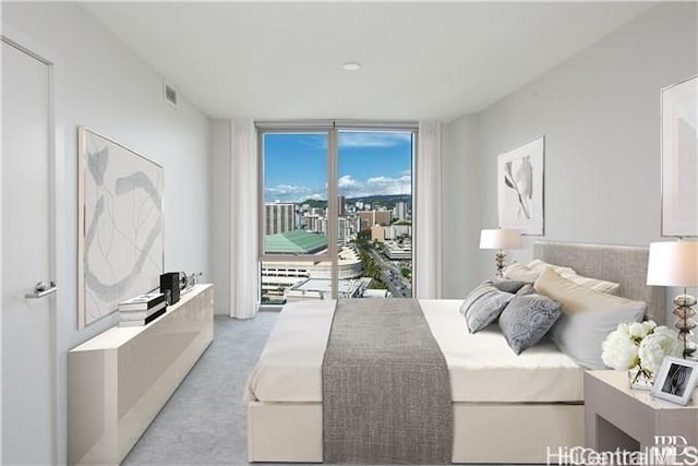 carpeted bedroom with a wall of windows and access to exterior