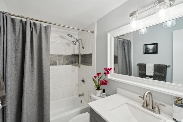 full bathroom with toilet, vanity, and shower / bathtub combination with curtain