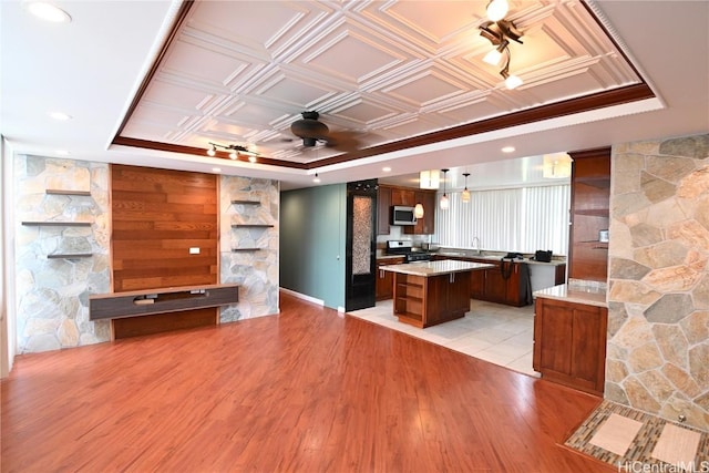 kitchen with decorative light fixtures, a center island, light wood-type flooring, a tray ceiling, and stainless steel appliances