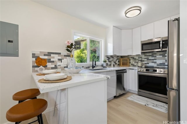 kitchen with sink, white cabinetry, kitchen peninsula, electric panel, and stainless steel appliances