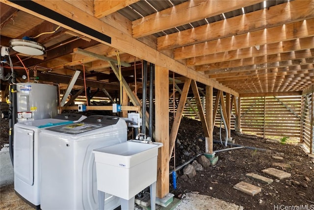 laundry area featuring washer and dryer, electric water heater, and sink