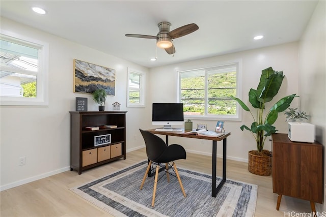 office space with ceiling fan and light hardwood / wood-style floors