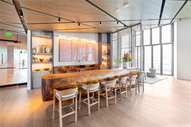 bar featuring light hardwood / wood-style flooring, floor to ceiling windows, and track lighting