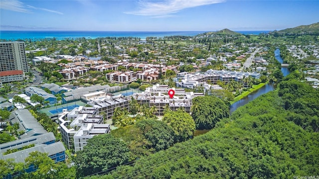 aerial view featuring a water view