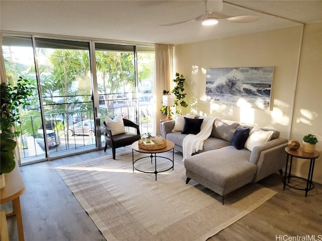 interior space featuring expansive windows, hardwood / wood-style floors, and ceiling fan