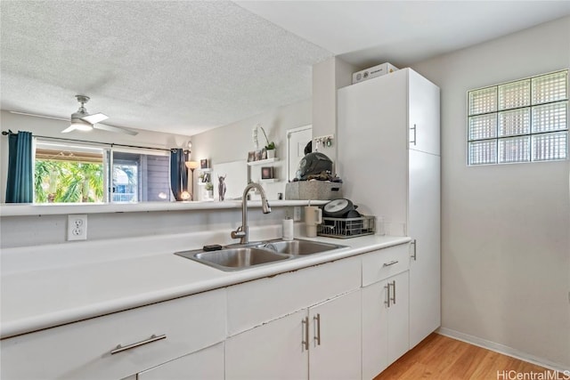 kitchen with white cabinetry, sink, ceiling fan, a textured ceiling, and light hardwood / wood-style flooring