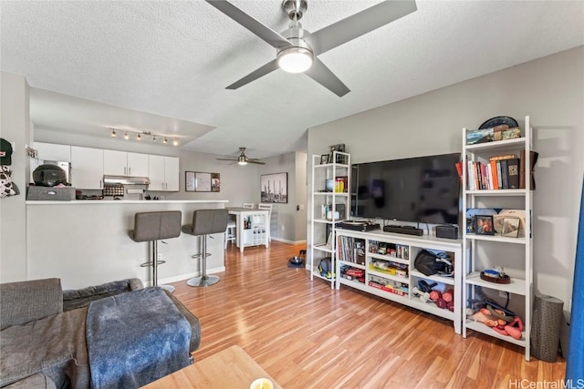 living room featuring ceiling fan, a textured ceiling, and light wood-type flooring