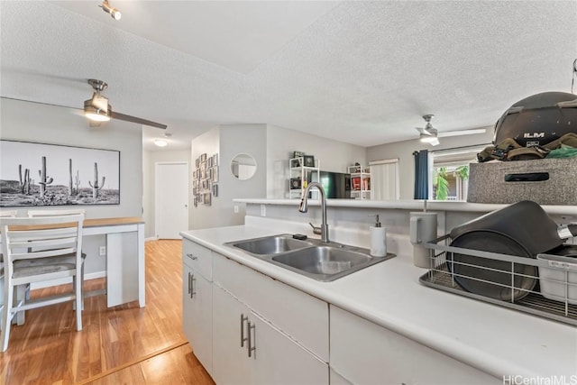 kitchen with sink, light wood-type flooring, white cabinets, ceiling fan, and a textured ceiling