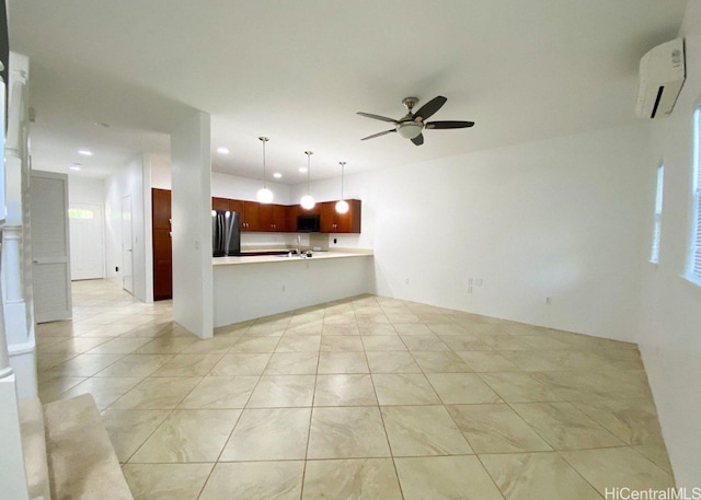 unfurnished living room featuring recessed lighting, a wall mounted air conditioner, ceiling fan, and light tile patterned flooring