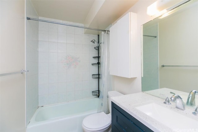 full bathroom with vanity, toilet, and shower / tub combo with curtain