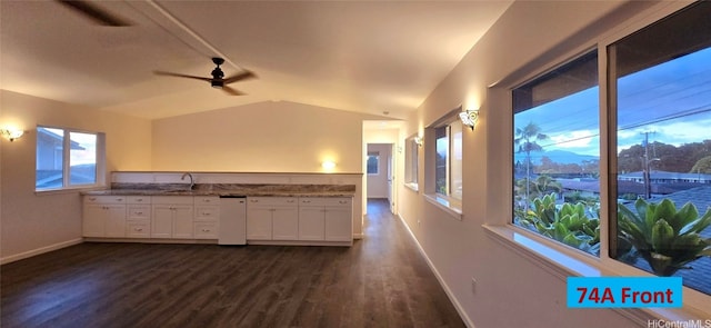 kitchen featuring lofted ceiling, sink, white cabinetry, dark hardwood / wood-style flooring, and ceiling fan