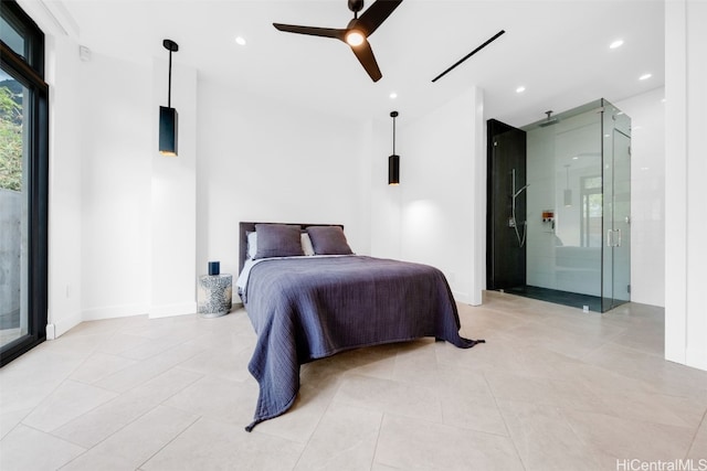 bedroom featuring baseboards, ceiling fan, recessed lighting, and light tile patterned floors