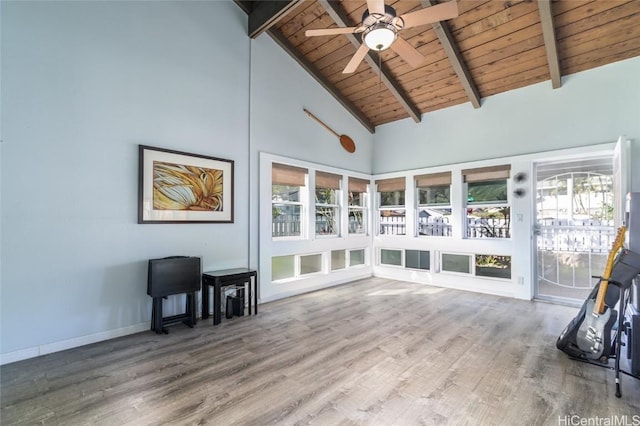 interior space with lofted ceiling with beams, ceiling fan, and wood ceiling