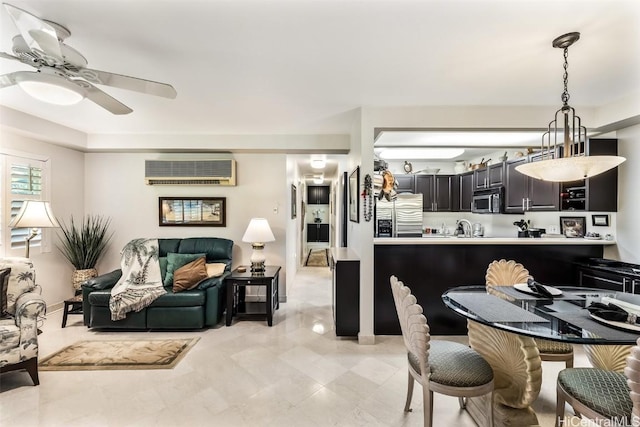 dining room with ceiling fan and a wall unit AC