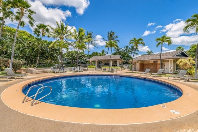 view of swimming pool with a patio