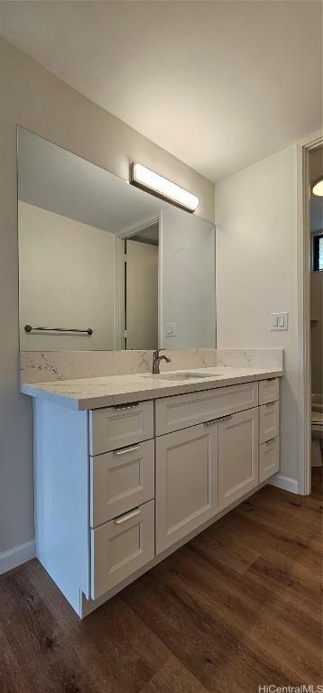 bathroom featuring vanity, toilet, and hardwood / wood-style floors