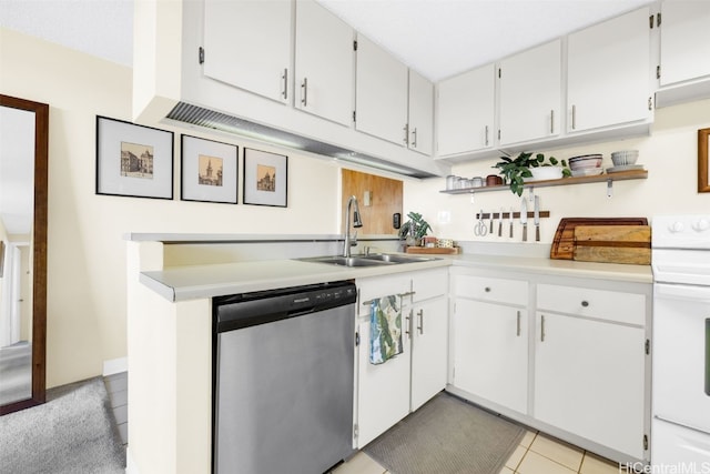 kitchen featuring sink, white electric range, dishwasher, white cabinets, and light tile patterned flooring