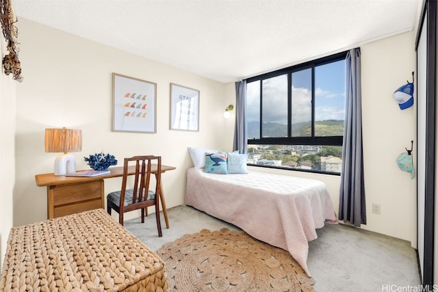 carpeted bedroom featuring a textured ceiling