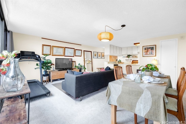 living room featuring light carpet and a textured ceiling