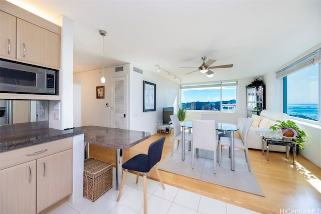 dining room featuring ceiling fan and rail lighting