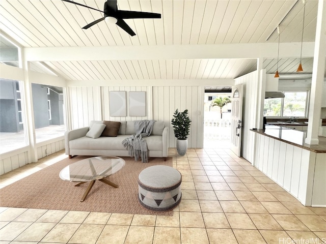 sunroom featuring sink, lofted ceiling with beams, and ceiling fan