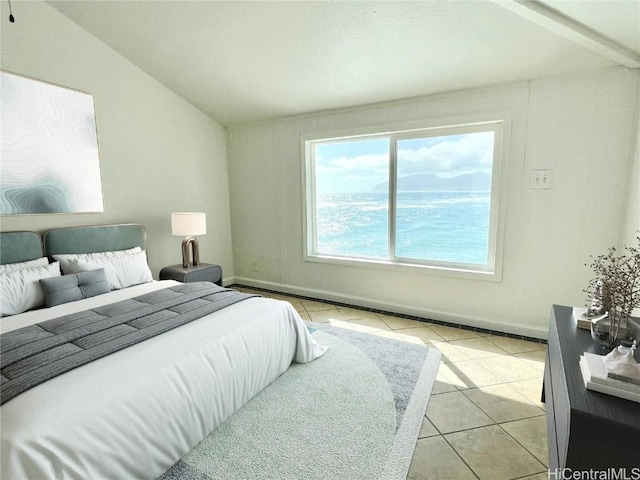 tiled bedroom with vaulted ceiling and a water view