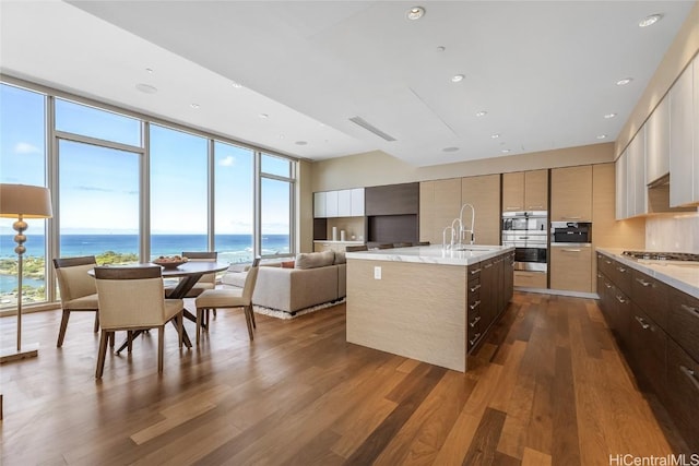 kitchen with dark wood-type flooring, floor to ceiling windows, sink, a water view, and an island with sink