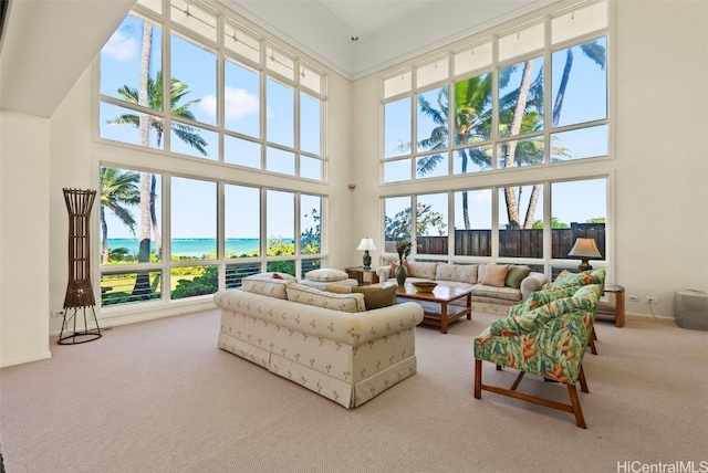 living room with a water view, carpet flooring, and a towering ceiling