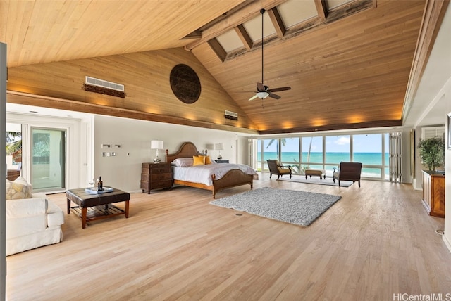 bedroom featuring a water view, multiple windows, and wooden ceiling