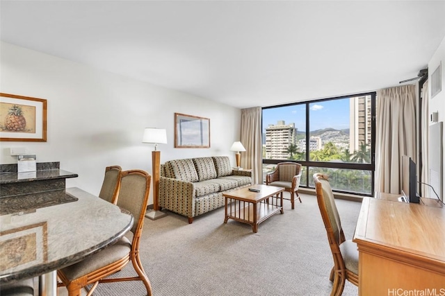 carpeted living room with floor to ceiling windows