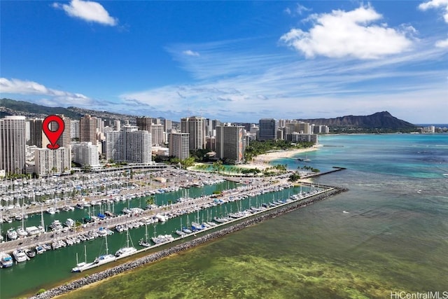 aerial view with a water and mountain view