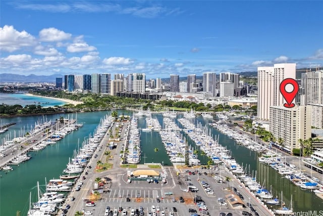 aerial view featuring a water view